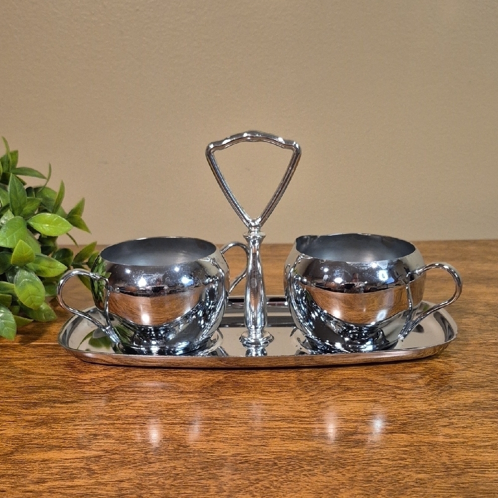 VINTAGE MCM Chrome Open Sugar Bowl & Creamer Set With Handled Serving Tray